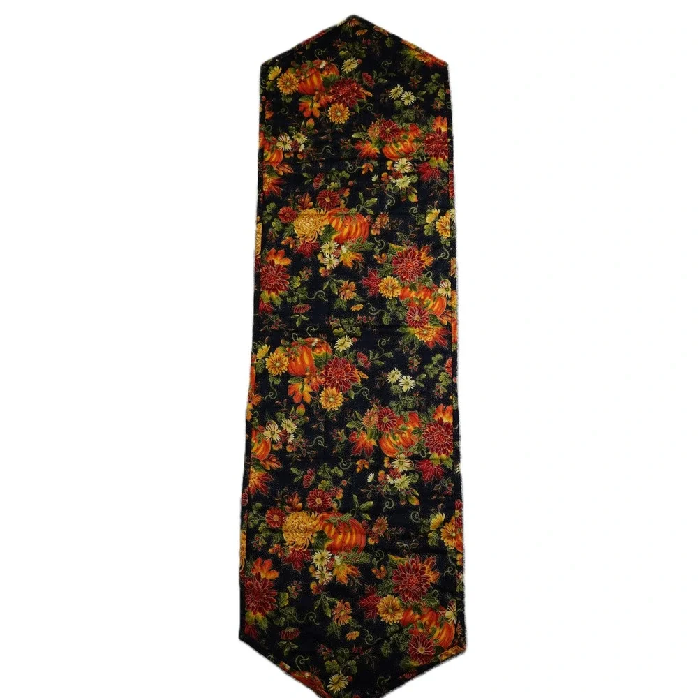 Handmade Reversible Fall Table Runner Quilted Pumpkin Floral 54x16 Orange Black